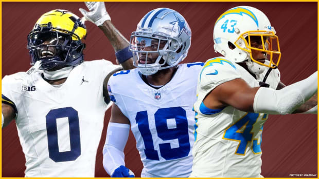 New Washington Commanders cornerbacks Michael Davis (left) and Noah Igbinoghene (center) are improvements to the overall group, but a prospect like Michigan's Mike Sainristil (left) could make it even better.